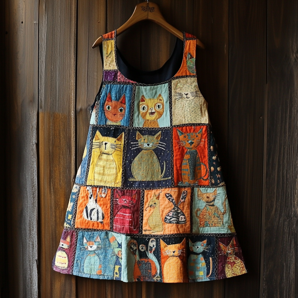 Women's Cat Patchwork Design Art Linen Tank Top elevenforest