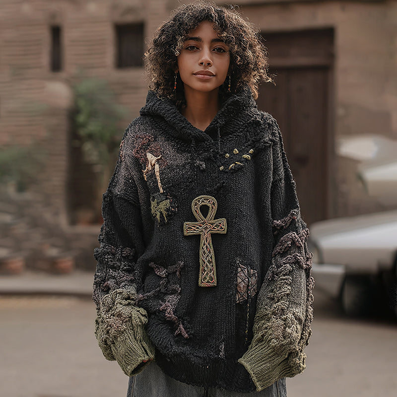 Women's Vintage Ancient Egyptian Ankh Pattern Knit Pullover Hooded Sweater elevenforest