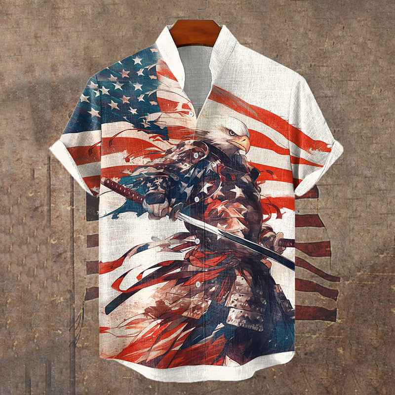 Japanese Art Eagle General Warrior American Flag Ink Painting Short Sleeve Linen Blend Shirt elevenforest