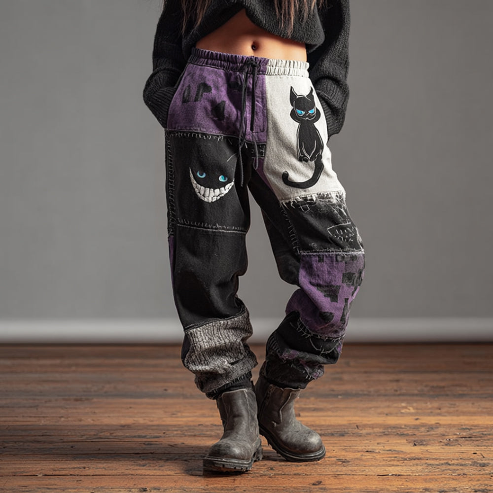 Women's Vintage Smiley Cat Patchwork Sports Pants elevenforest