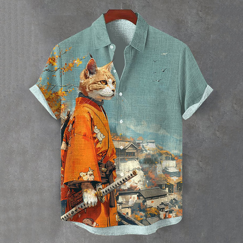 Japanese Fall Cat Samurai Ink Painting Art Linen Blend Cozy Shirt elevenforest