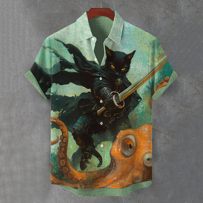 Men's A Handsome Black Cat Swordsman Battles Octopuses Print Short Sleeve Shirt elevenforest