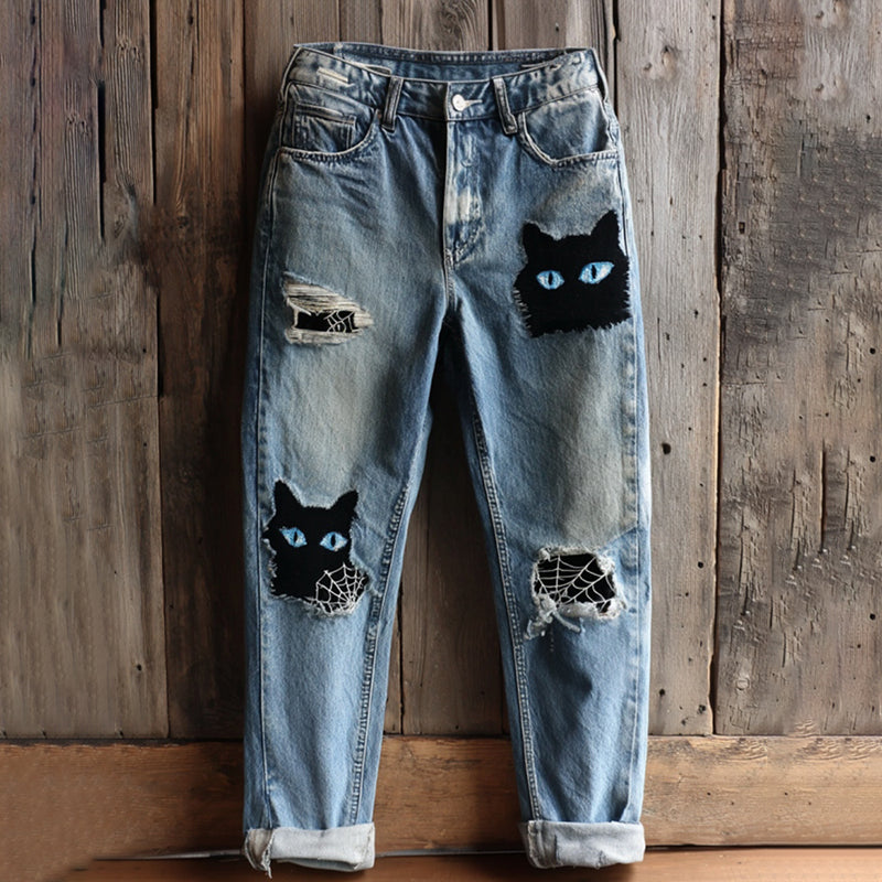 Women's Halloween Black Cats And Spiderwebs Vintage Embroidery Washed Jeans elevenforest