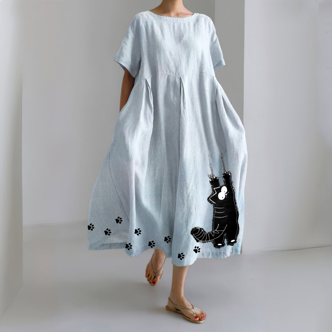 Stretching Cat & Paw Prints Embroidered Linen Blend Maxi Dress elevenforest