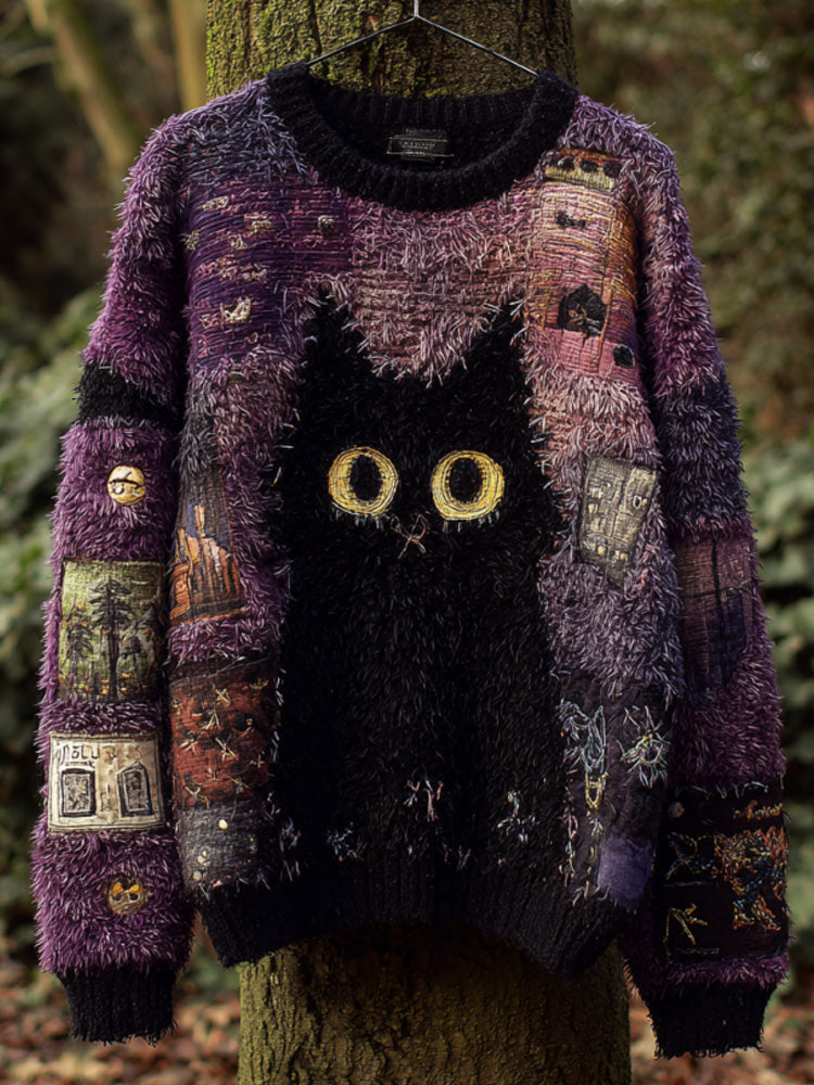 Women's Casual Vintage Halloween Black Cat Embroidered Sweater elevenforest