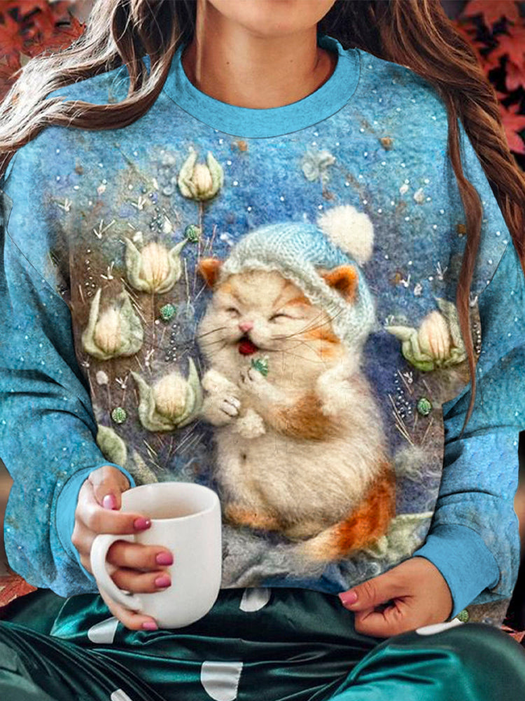 Plush Felt Cat Print Women's Cozy Sweatshirt elevenforest