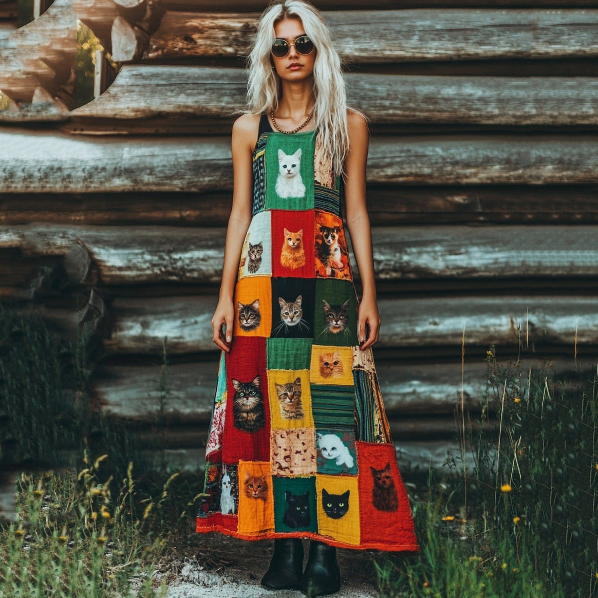 Women's Pop Art Cute Cat Cotton Linen Vest Dress elevenforest