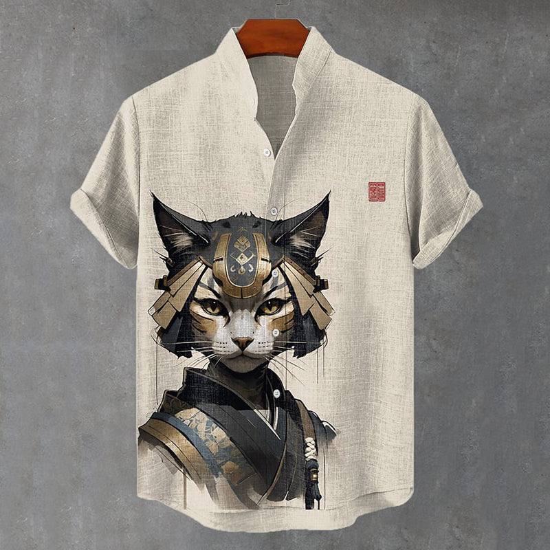 Japanese Style Ink Painting Samurai Cat Ink Art Linen Blend Cozy Shirt elevenforest