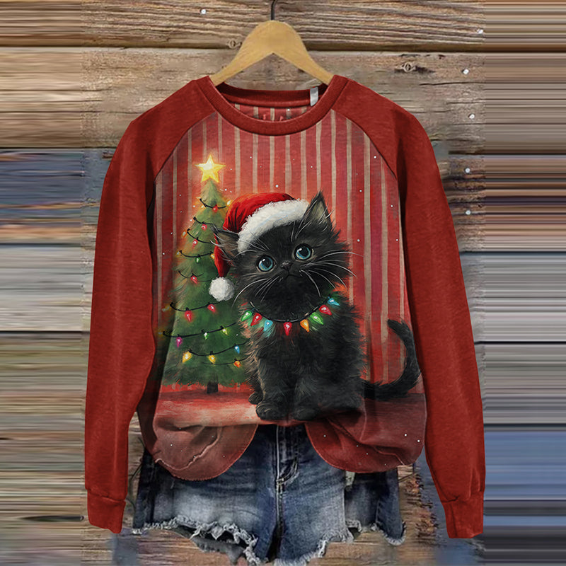 Christmas Black Cat Print Crew Neck Sweatshirt elevenforest