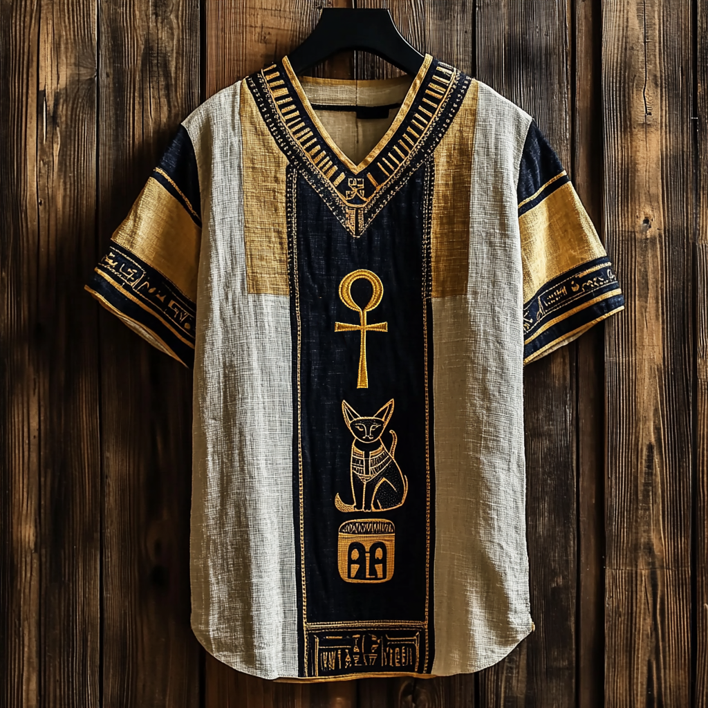 Ancient Egyptian Ankh Bastet Cat Embroidered Linen Shirt elevenforest