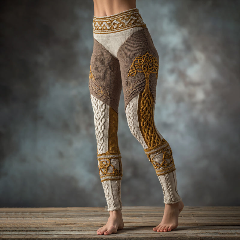 Vintage Viking Tree Of Life Celtic Knot Knit Jacquard Cozy Leggings artswardrobe