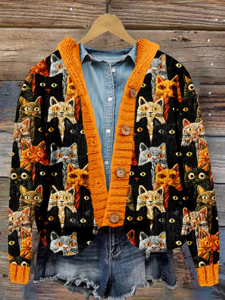 Halloween Embroidered Cat Cozy Hooded Cardigan elevenforest
