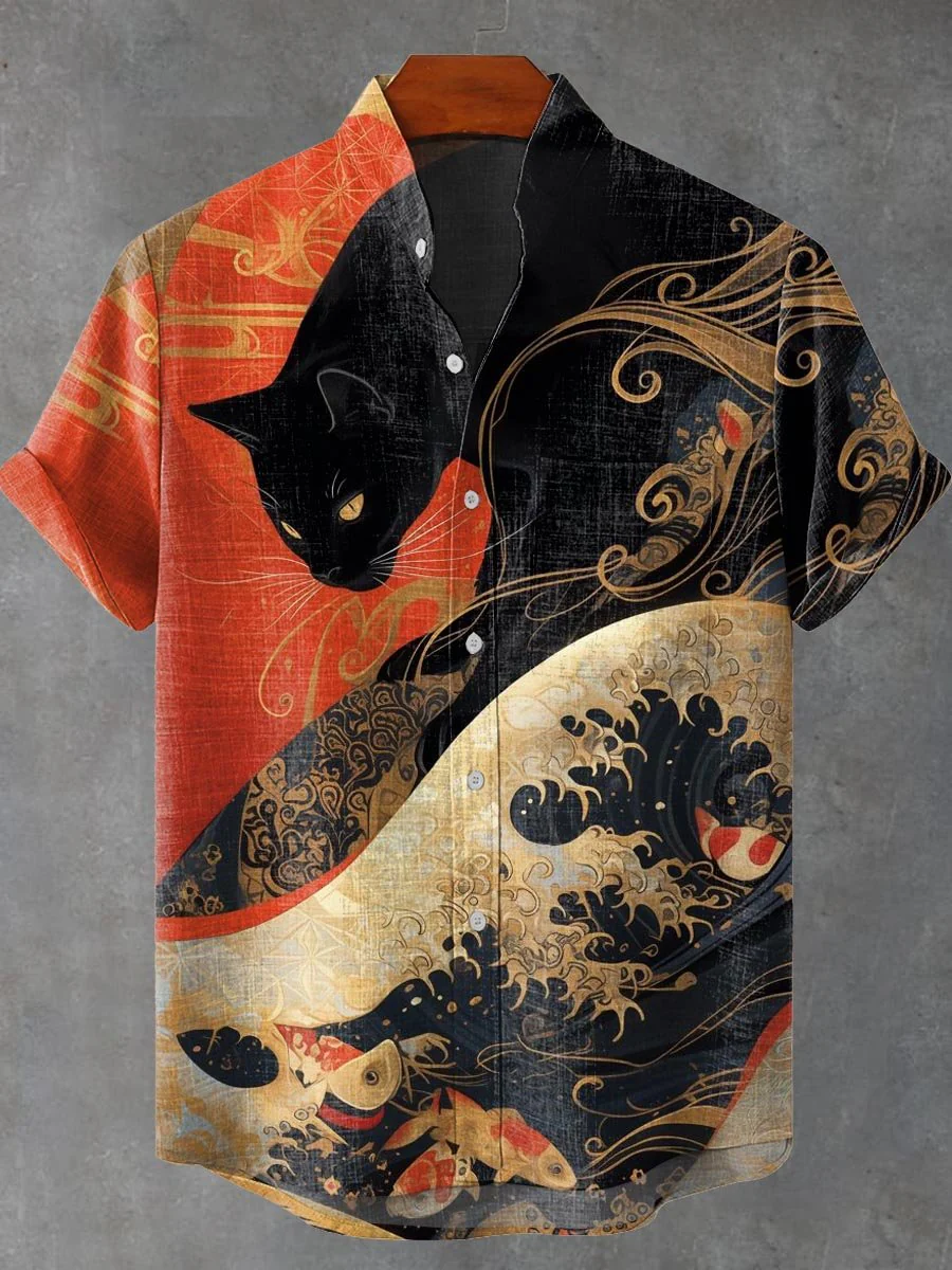 Japanese Ukiyo-E Waves Koi Black Cat Art Print Casual Cotton Shirt elevenforest
