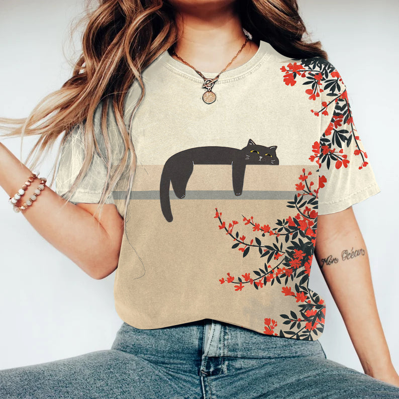 Abstract Creative Lazy Cat Lying On The Balcony Painting Art T-Shirt elevenforest