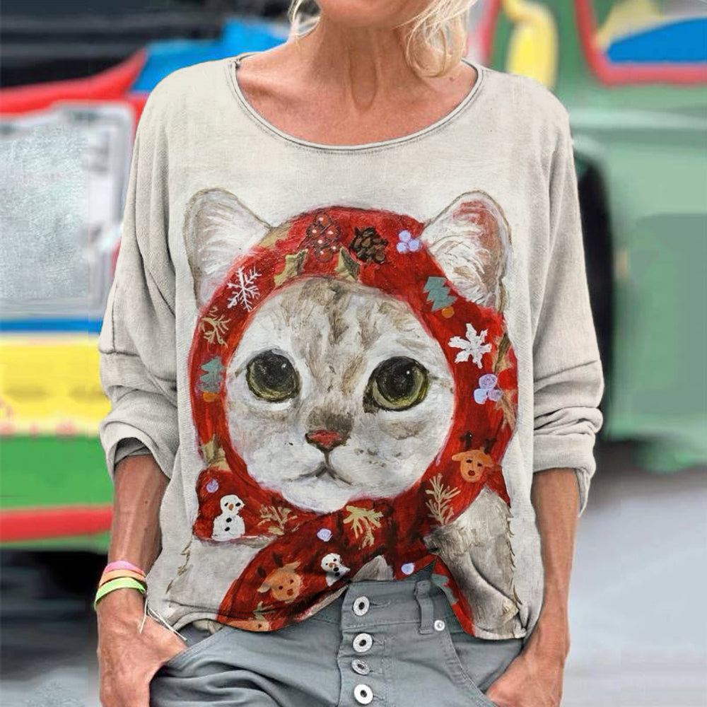 Babushka Cat Fun Patterned Women's Linen Shirt elevenforest