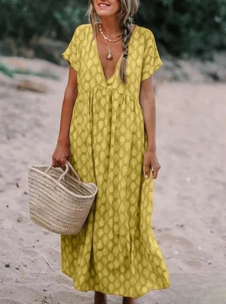 LD | Casual jurk van bedrukte stof met V-hals en lange mouwen