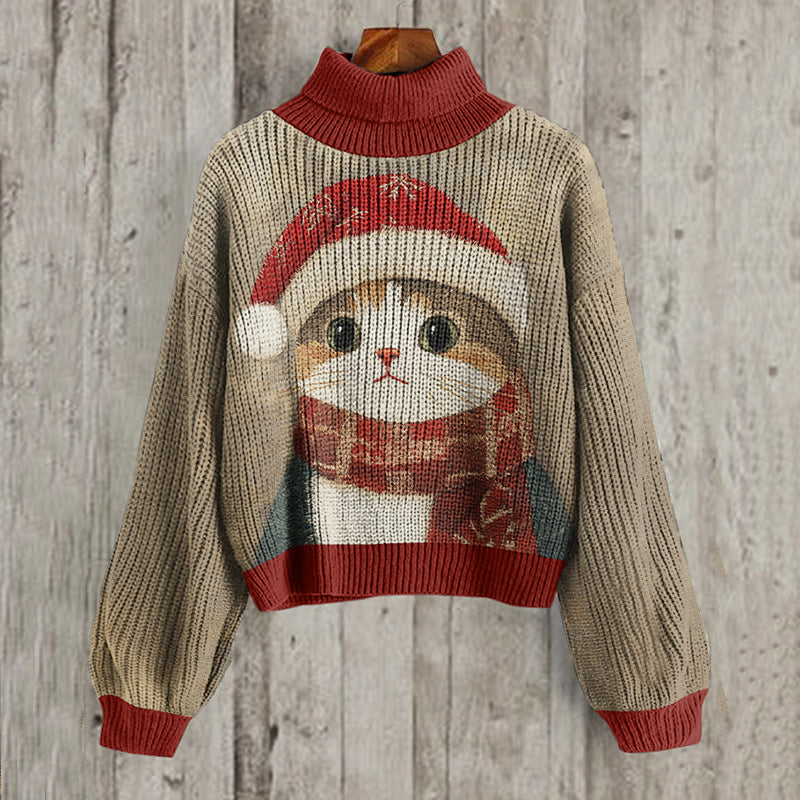 Cute Christmas Cat Print Turtleneck Knitted Sweater elevenforest