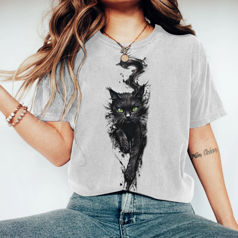 Cute Black Cat Art Print Short-sleeved T-shirt elevenforest