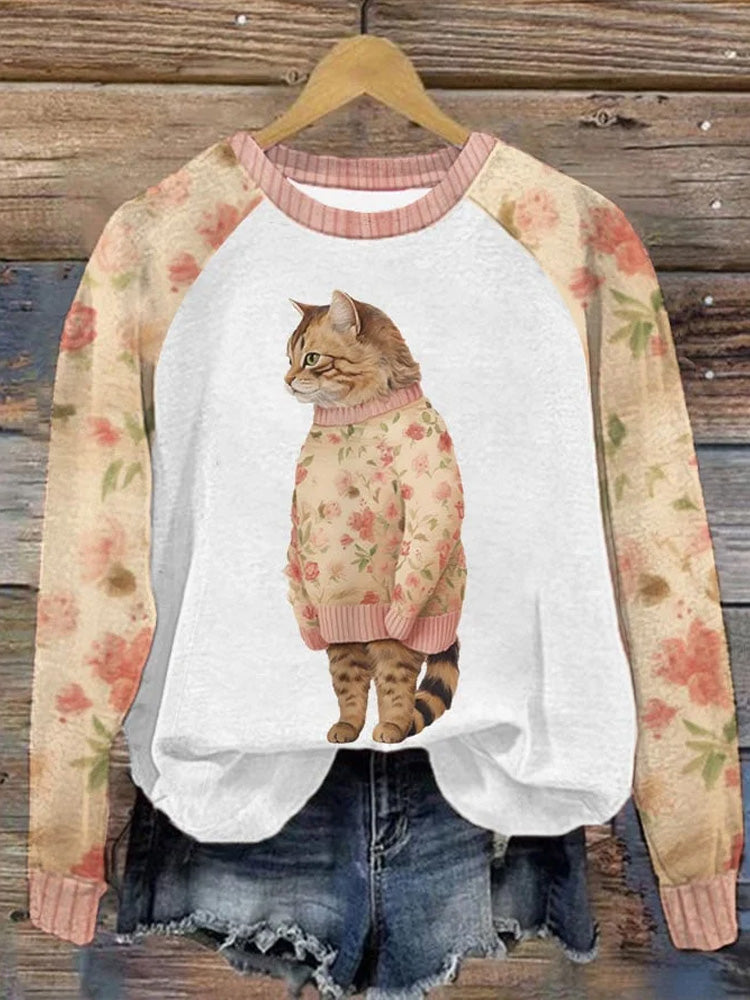 Women's Cute Pet Cat Doodle Printed Sweatshirt elevenforest
