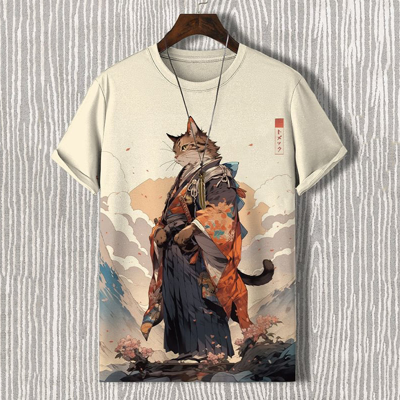 Men'S Edo Cat Samurai Warrior Japanese Art Print Casual T-Shirt elevenforest