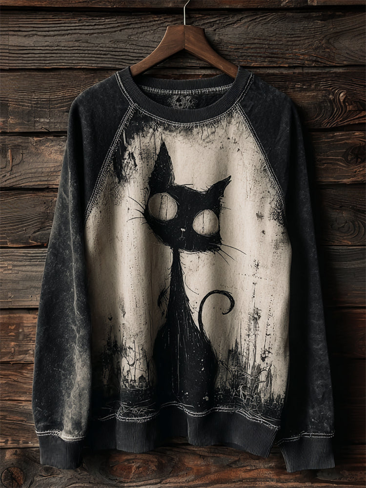 Halloween Gothic Black Cat Art Washed Raglan Sweatshirt elevenforest