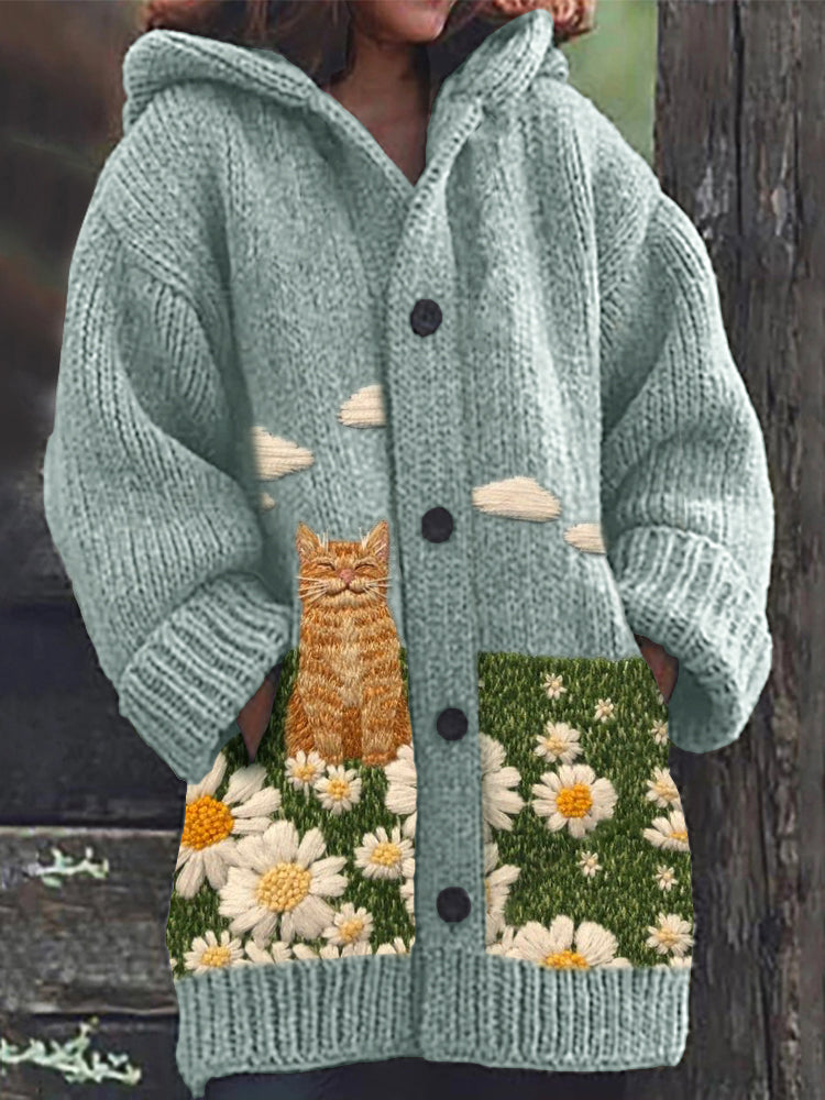 Lovely Cat & Daisies Embroidered Cozy Knit Hooded Cardigan elevenforest