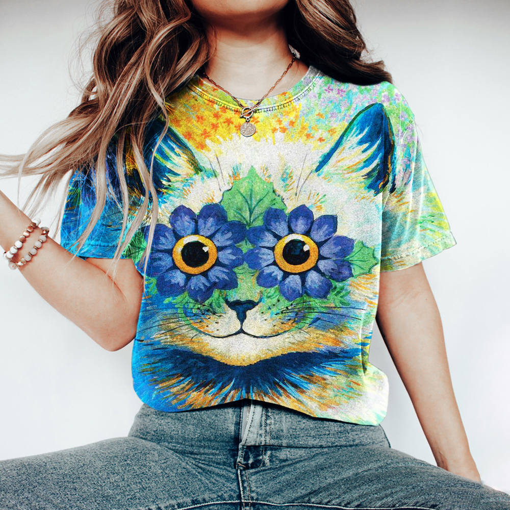 Vintage Painted Sunflower & Cat Printed Women's Washed T-shirt elevenforest