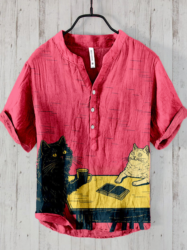 Cat Besties Chilling with a Coffee and Books Linen Blend Shirt elevenforest