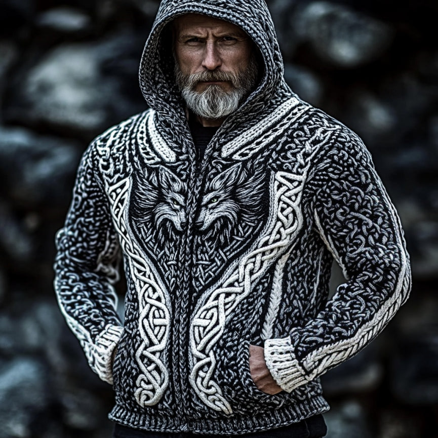 Men's Viking Wolf Style Celtic Thick Zip Hooded Sweater artswardrobe