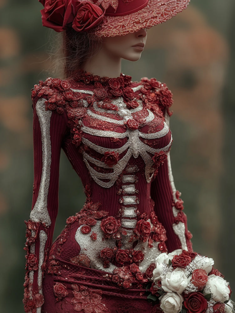 Women's Halloween Skeleton Flower Red Dress artswardrobe