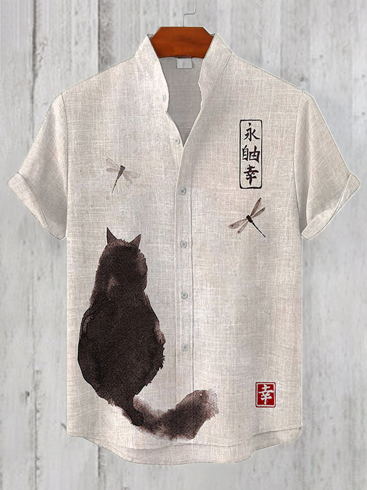 Men's Japanese Art Cat Print Linen Blend Shirt elevenforest