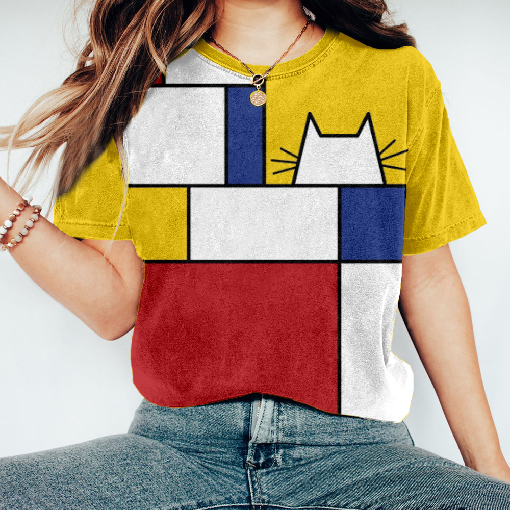 Simple Geometric Cat Pattern Washed T Shirt elevenforest