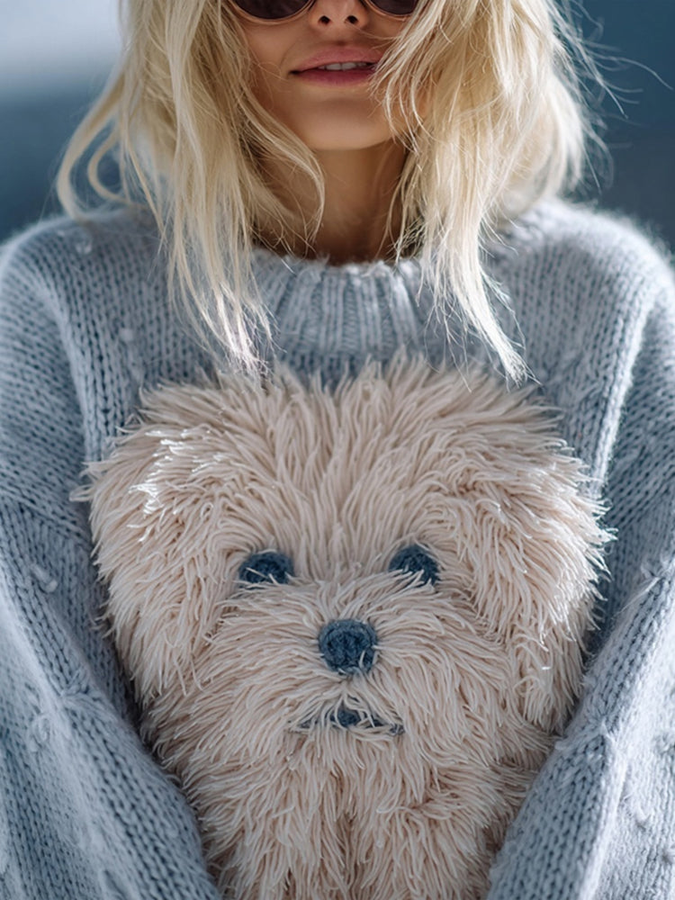 Lovely Fuzzy Dog Embroidered Soft Cozy Sweater artswardrobe