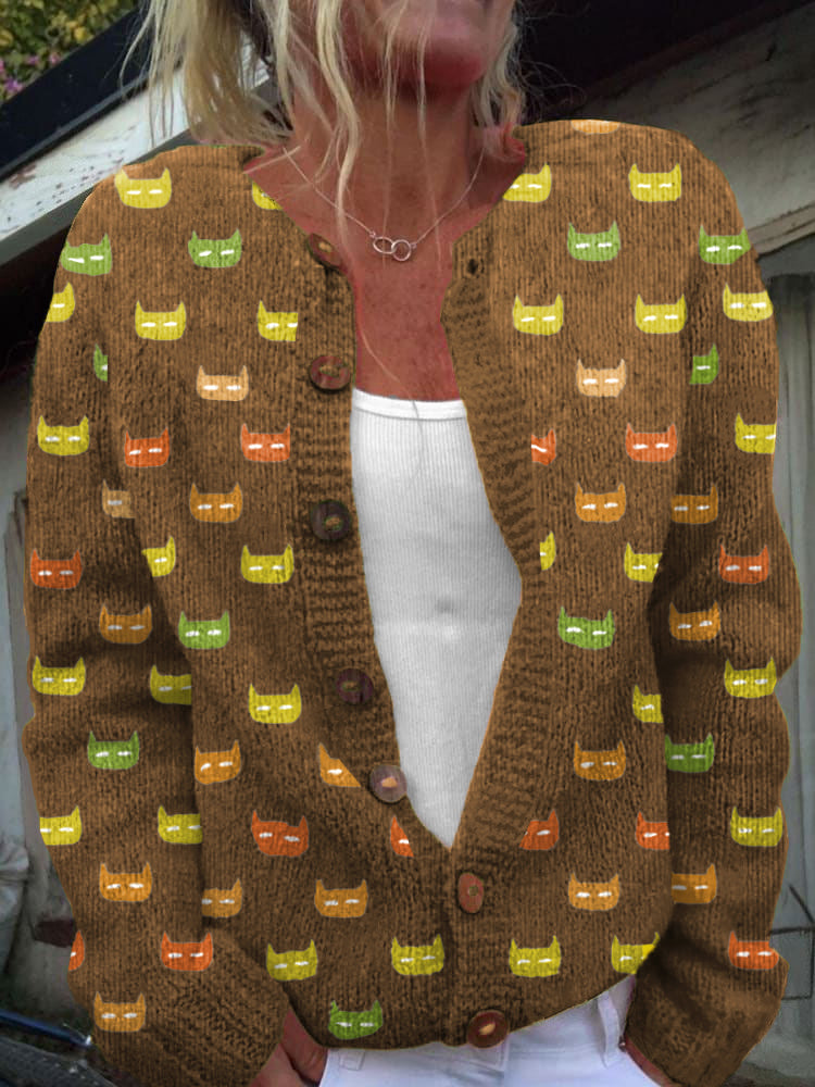 Colorful Cat Face Pattern Cozy Knit Cardigan elevenforest
