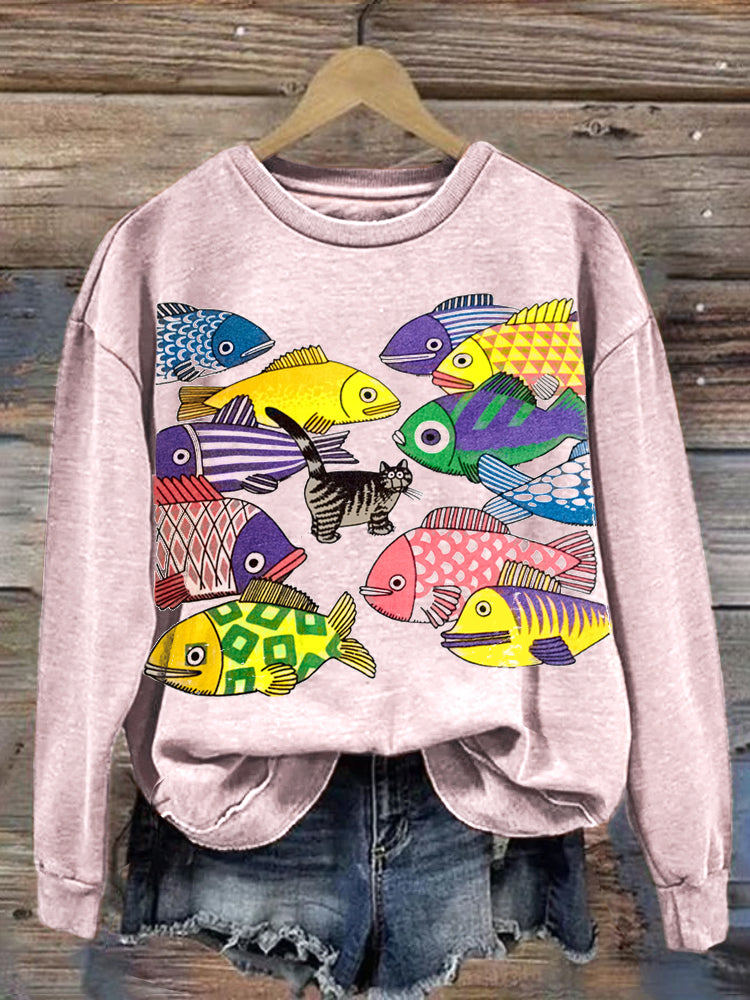 Colorful Fish & Cat Print Vintage Sweatshirt elevenforest