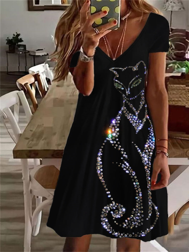 Elegant Cat Glitter Art V Neck Midi Dress elevenforest
