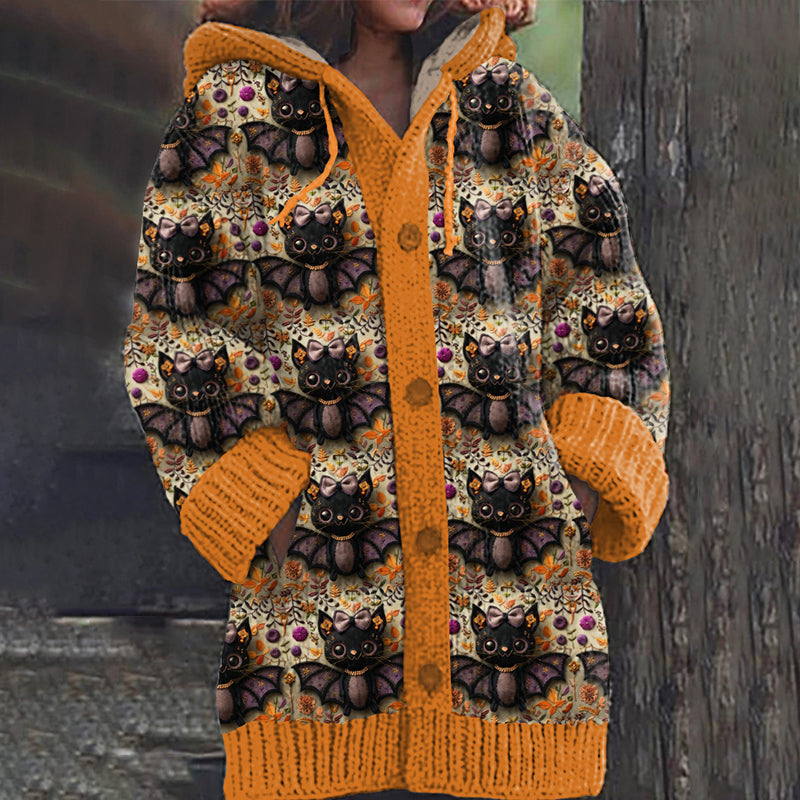 Women's Bat Kitten Halloween Art Graphics Cozy Cardigan Sweater elevenforest