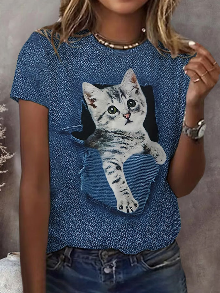 Women's Cat Print Short Sleeve Casual T-shirt elevenforest