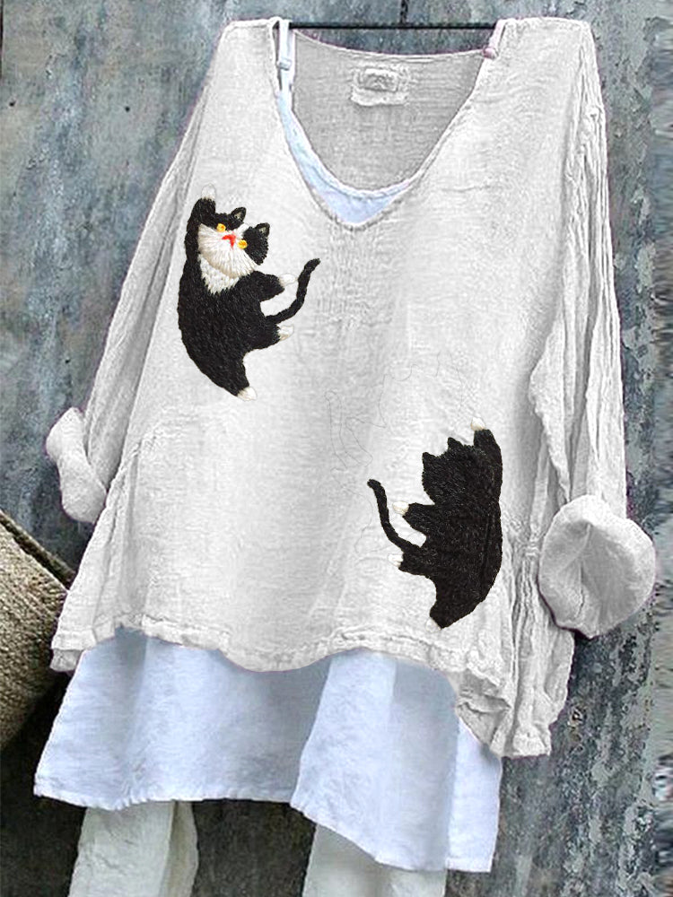 Cats Embroidery Pattern Linen Blend Casual Vintage Shirt elevenforest