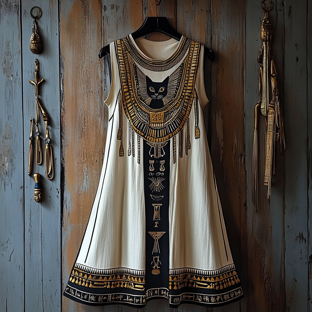 Ancient Egyptian Cat Embroidery Linen Blend Midi Dress elevenforest