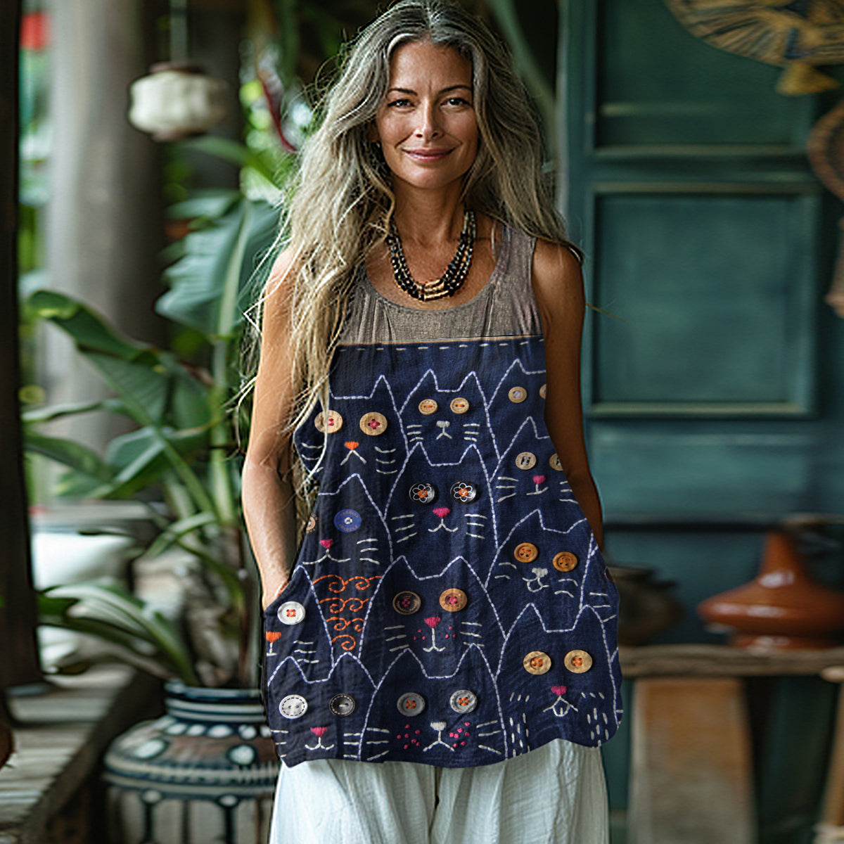 Lovely Cat Button Embroidery Art Linen Cozy Tank Top elevenforest