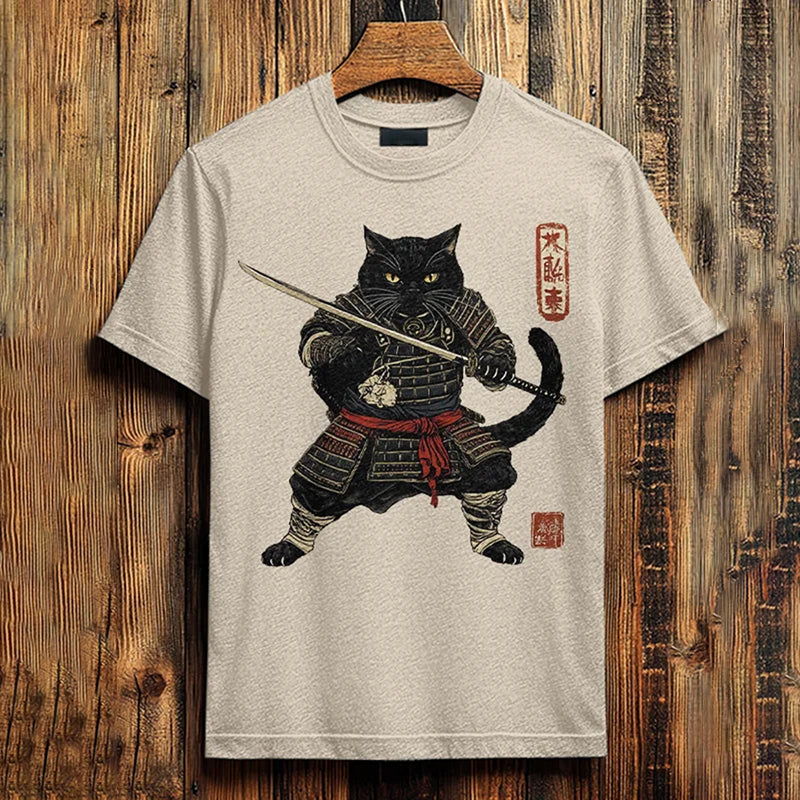 Men's Brave Cat Warrior Japanese Art Print Cotton Casual T-shirt elevenforest