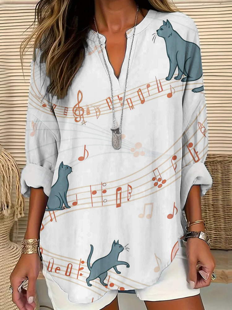 Music Cat Element Printed Women's V-neck Long Sleeve Shirt elevenforest