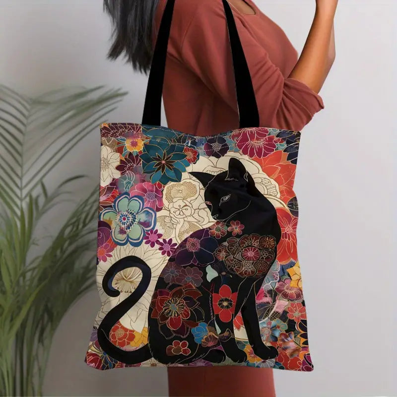 Japanese Cat Vintage Floral Print Canvas Bag elevenforest