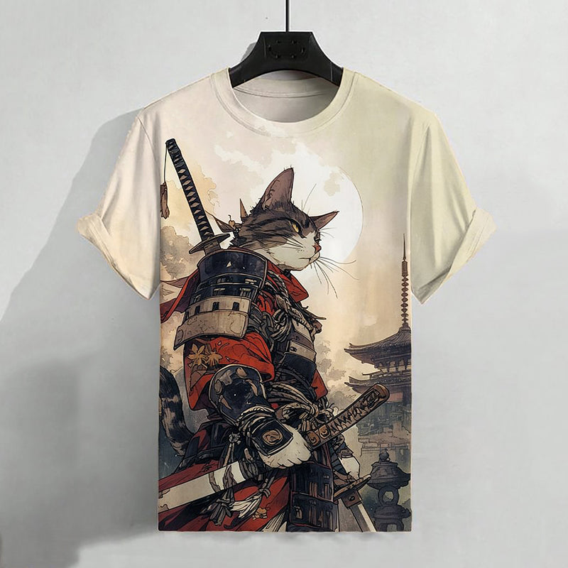 Men's Cat Warrior Guard With Knife Art Print T-Shirt elevenforest