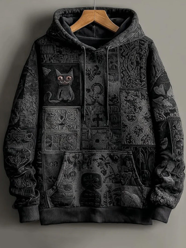 Vintage Halloween Black Cat Print Art Casual Hoodie elevenforest
