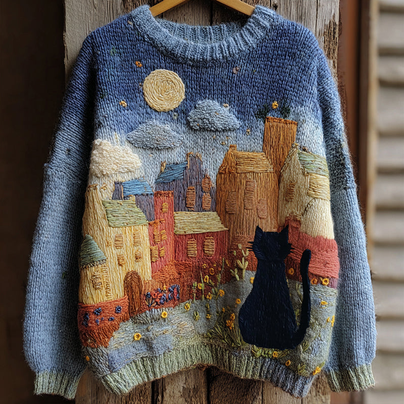Vintage Fairytale Cottage With Cute Black Cat Inspired Embroidered Cozy Knit Sweater elevenforest