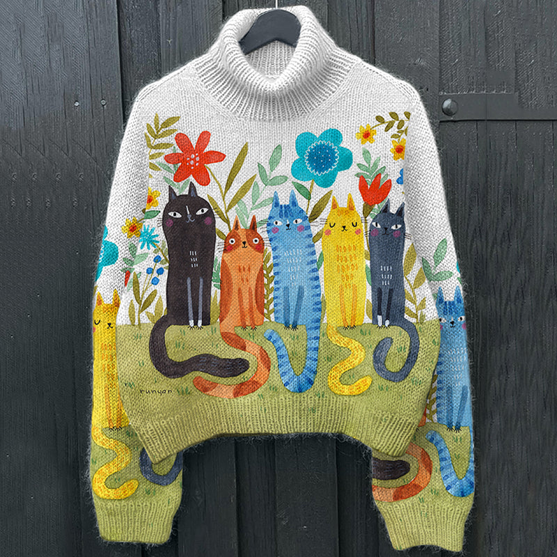 Vintage Colorful Cats With Floral Pattern Cozy Knit Sweater elevenforest
