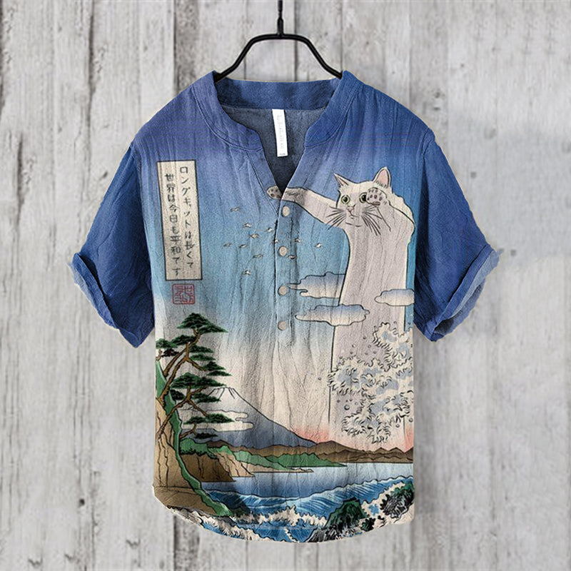 Japanese Cat Landscape Art Print Henry Collar Shirt elevenforest