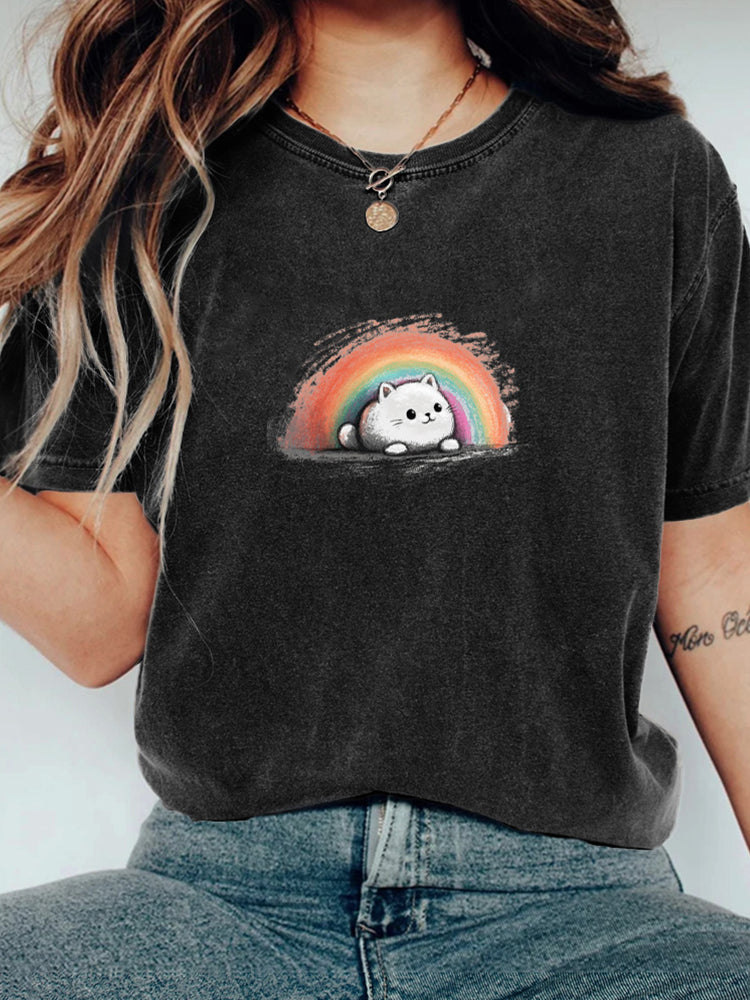 Rainbow Bridge Cat Funny Round Neck Short Sleeve T-shirt elevenforest